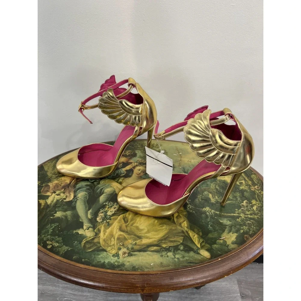 Oscar Tiye Malikah Gold Metallic Winged Ankle Strap Stiletto Heels Pumps EU 38